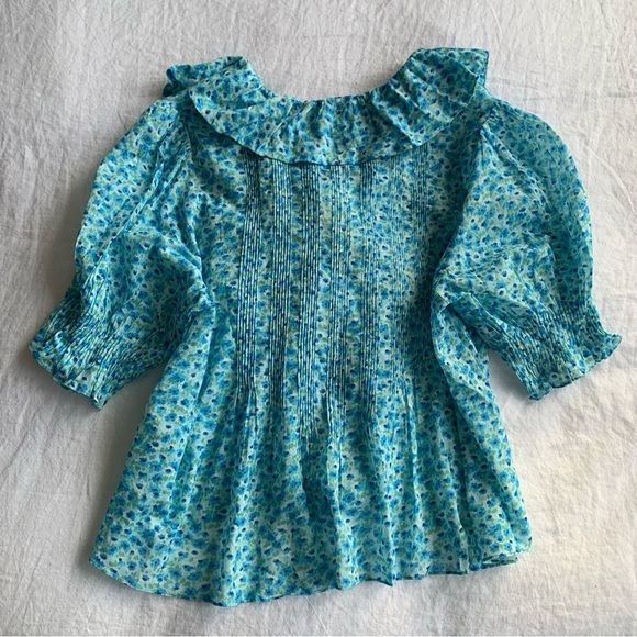 NWT Doen Henri Cotton Ruffle Pintuck V Neck Floral Blouse Top Bleu Daisy Fields - Picture 8 of 10